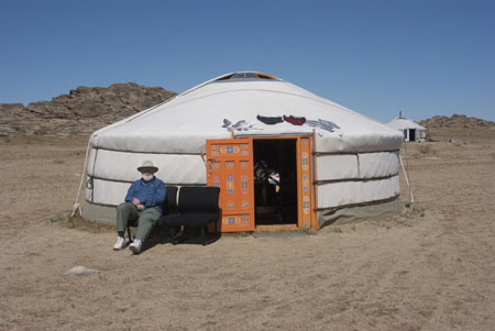 David enjoying the sun in front of our ger