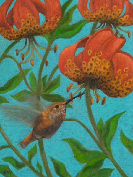 Hummin' Along in the Leopard Lilies   oil  12"x 9" (price on request)