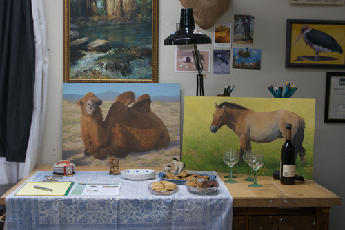 The refreshment table with a couple of recent paintings