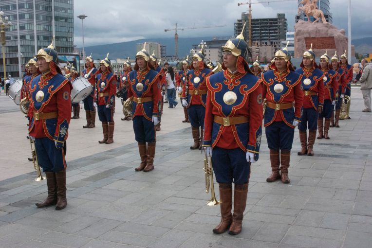 Start of national Naadam ceremony at Sukhbaatar Square, Ulaanbaatar; the band