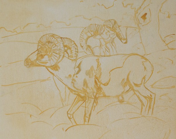 Brush drawing on canvas after graphite transfer