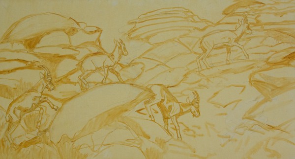 After doing a compositional drawing, I did a graphite transfer to the canvas and then re-stated the drawing with a brush