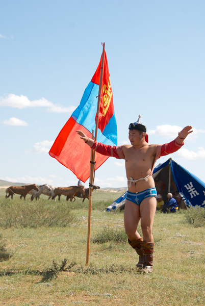 Then it was time for the wrestling, Mongol bokh. He's doing the traditional Eagle Dance before a bout.