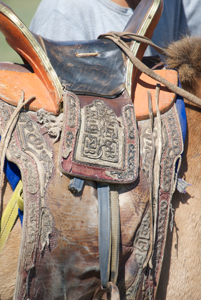 The local people had started to arrive, many on their horse. Here's an example of Mongol leatherwork.