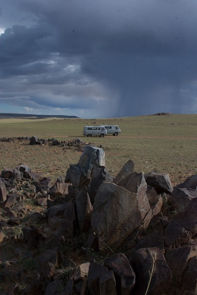 South down out of Bayanhongor, which is located at the southern base of the Hangai Mountains. We traveled down out of the uplands, passing a lot of interesting rock formations, but no gers.