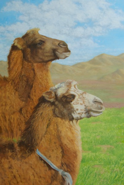 I largely finished the camels in one long sitting, but still went back and tweaked the heads a couple of times. I've now added clouds to the sky. I had originally planned to leave the sky just blue, but it didn't feel right.