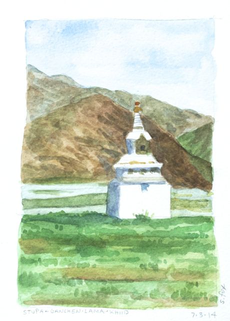 Stupa above river valley at Ganchen Lama Khiid, Erdenesogt