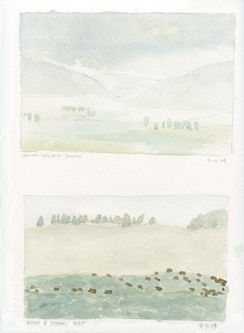 Lamar Valley snow and bison; watercolor