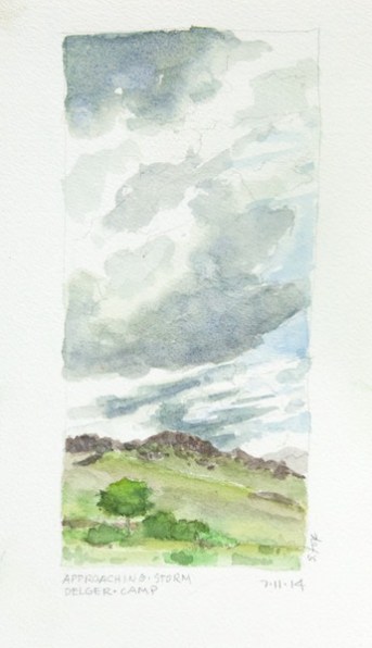 Clouds coming over camp, watercolor